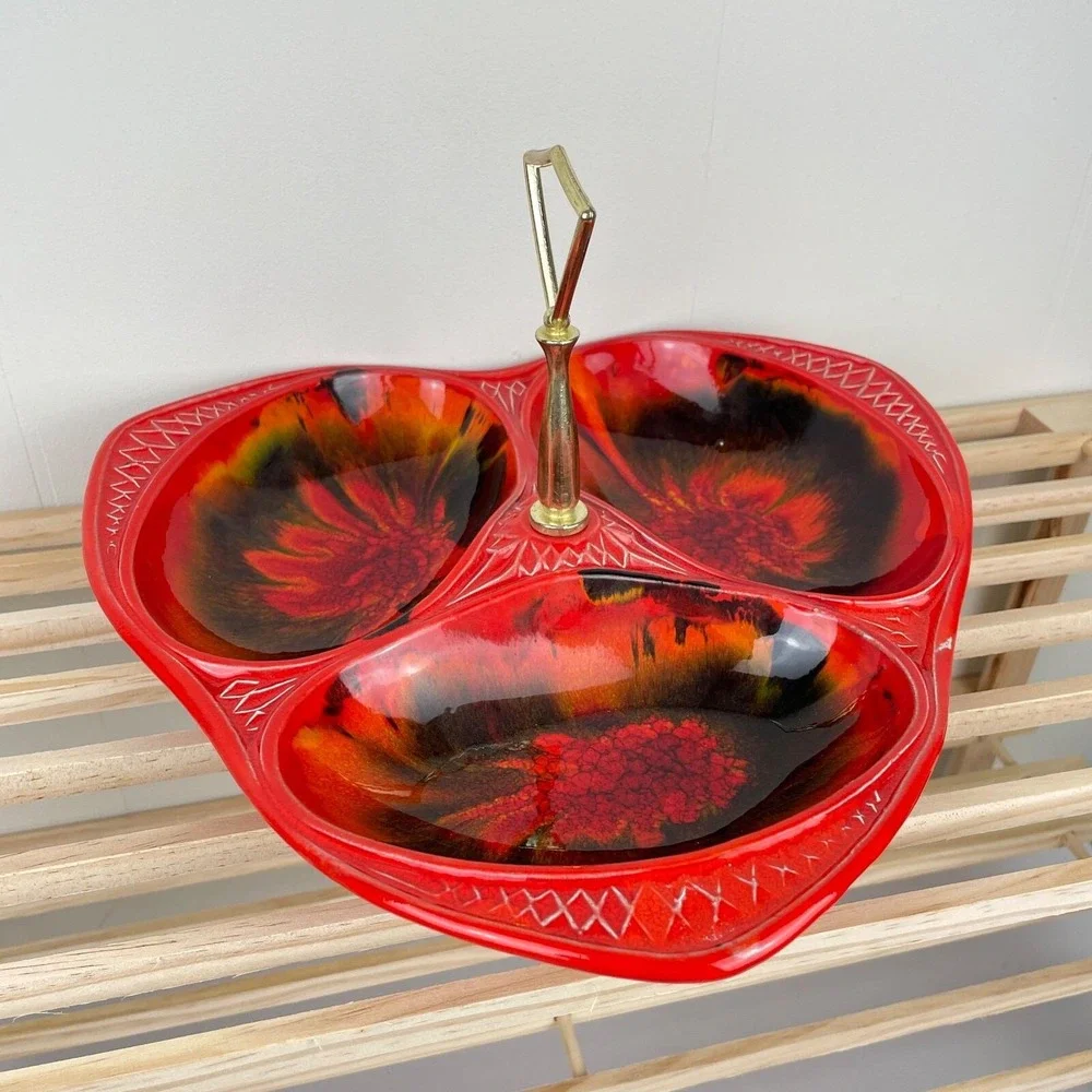 California Original Pottery Vintage MCM Red Orange Relish Tray Platter 3 Section